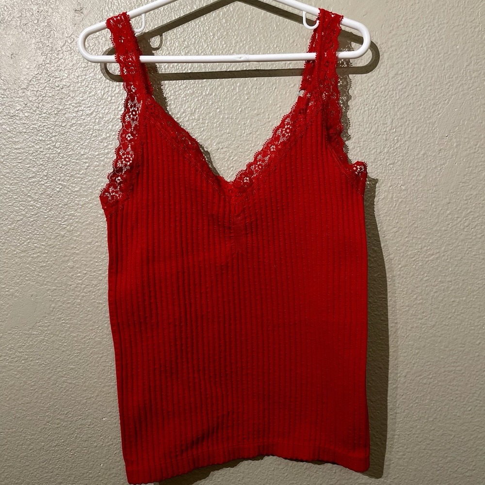 Y2K Red Lace Trim Tank Top‎ Semi-Cropped Ribbed Juniors Size XS/1